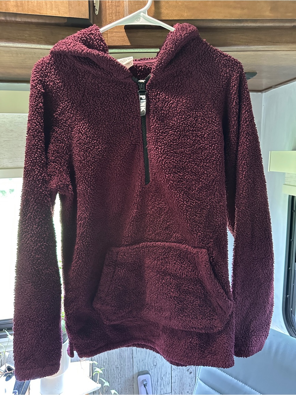 PINK Victoria's Secret Plush Half-Zip Sherpa Hoodie in Burgundy